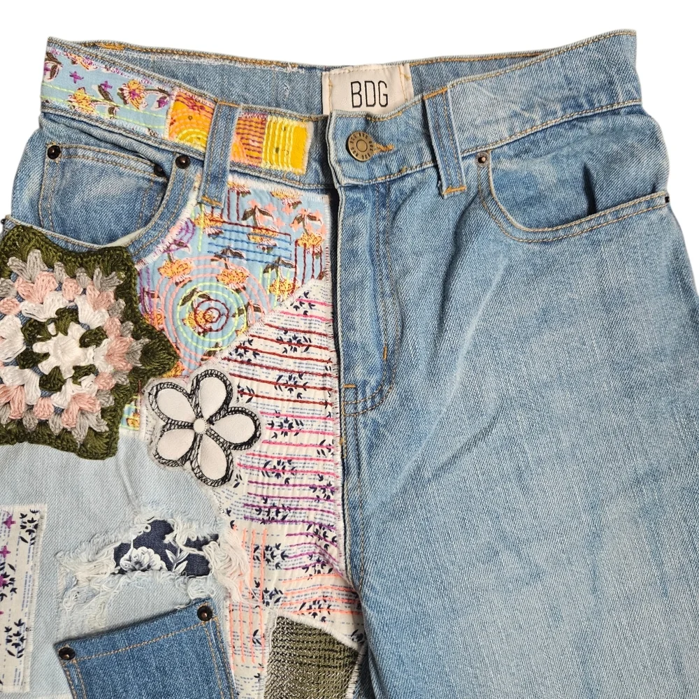 Urban Outfitters BDG Womens High Rise Patchwork Boho Flare Raw Hem Jeans Sz 27 - Picture 3 of 16